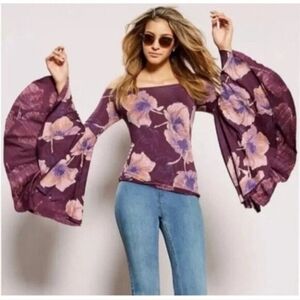 We The Free By Free People Purple Floral Bell Sleeve Blouse